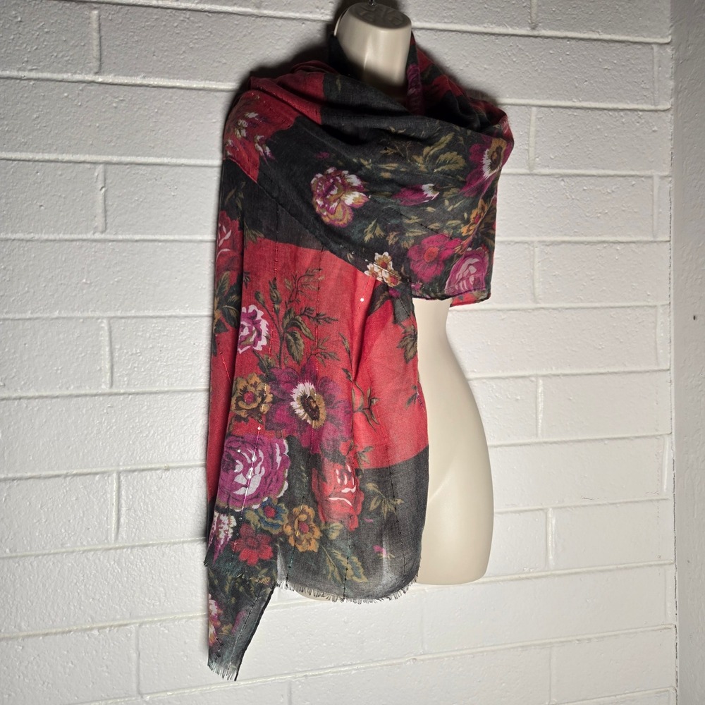 Vtg Womens Scarf Floral Sequin Lightweight Fringed Wrap Shawl Maximalist Boho